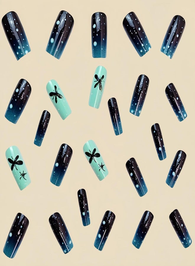 CJDLTS Dark Green Gradient Press on Nails Long Length Butterfly Pattern False Nails Glitter Artificial Acrylic Nails Full Cover French Stick on Nails Square Coffin Nails Glossy Glue on Nails for Women - Image 3